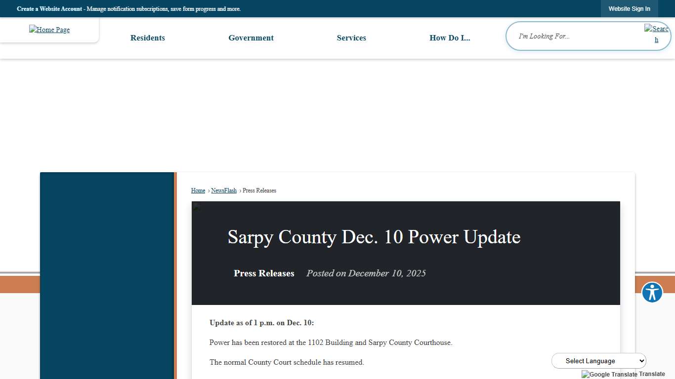 Sarpy County Dec. 10 Power Update • Sarpy County, NE