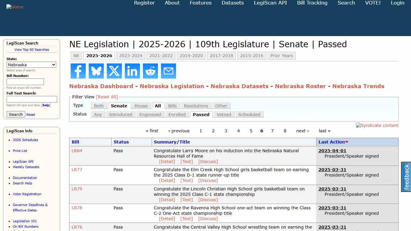 NE Legislation 2025-2026 109th Legislature Senate Passed LegiScan
